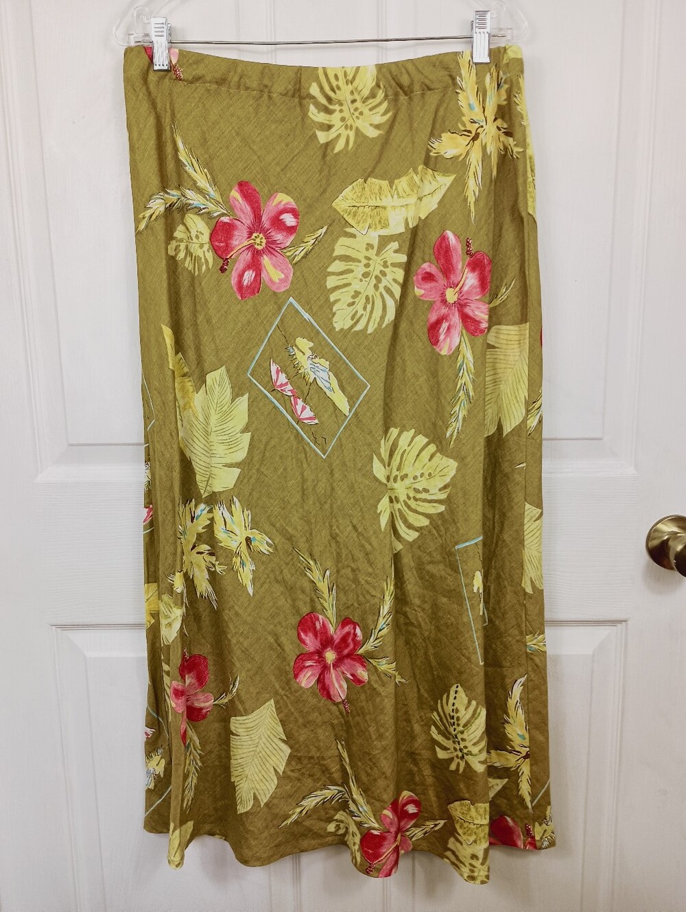 Vintage Linen Maxi Skirt Large Womens Olive Green Tropical Elastic Waistband 90s